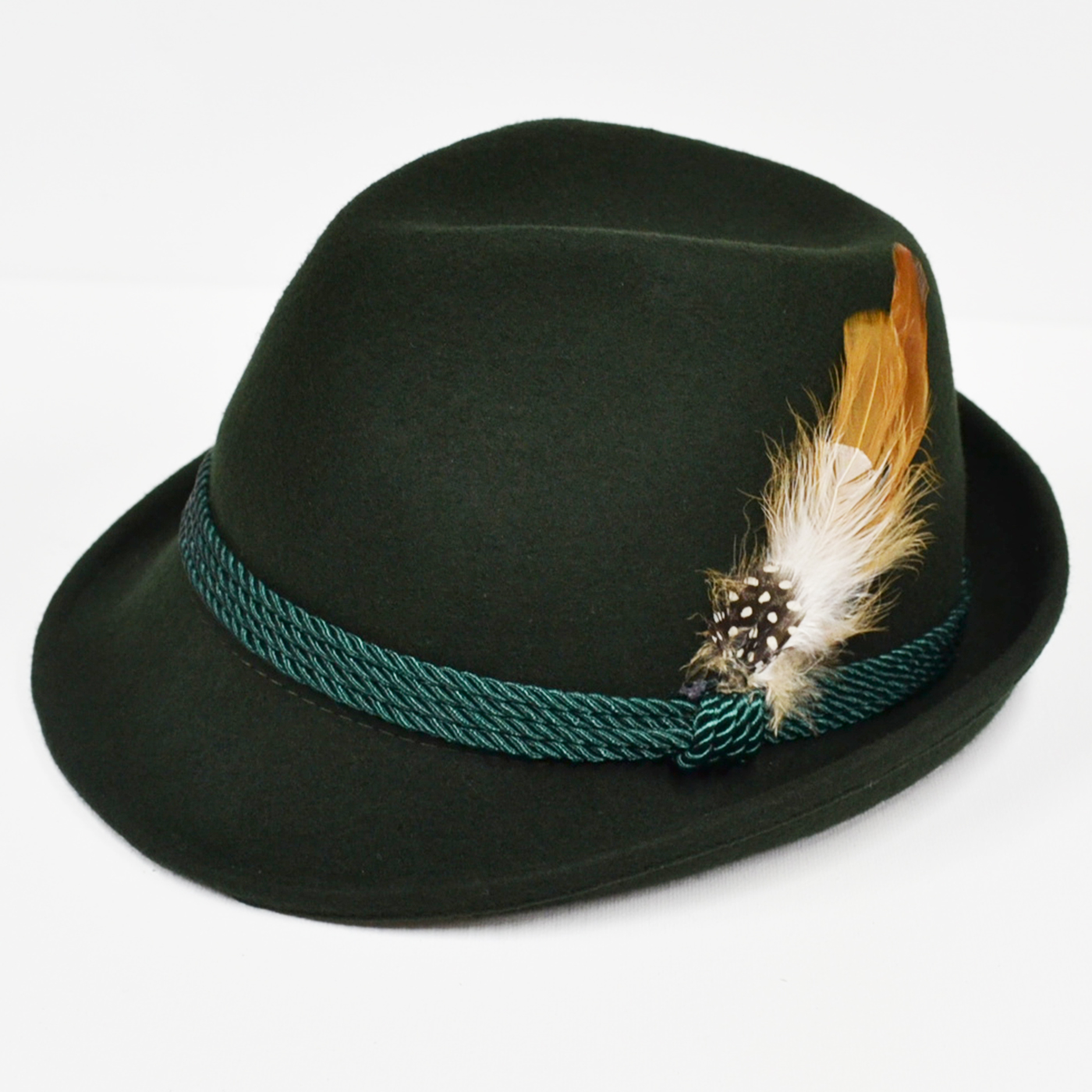 Green felt hat with a brown feather. Imported from Germany.