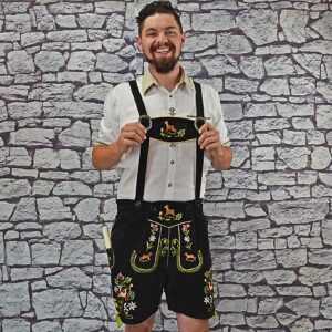 style 12 7 imported colorful black goat lederhosen w/susp sizes 46, 48 & 50