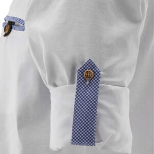 white shirt with blue checkered accents