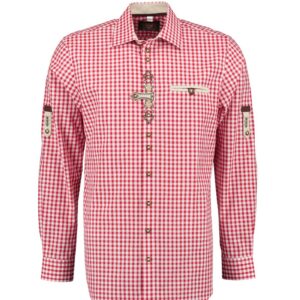 long sleeve red check shirt with tan tab and edelweiss embroidery