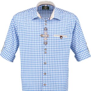 long sleeve blue check shirt with tan tab and edelweiss embroidery