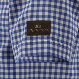 short sleeve blue check shirt with fir tree embroidery