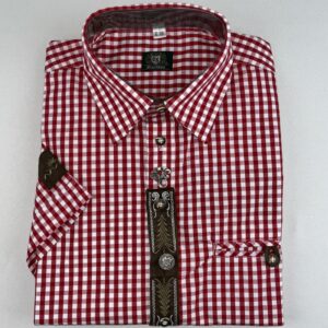 short sleeve red check shirt with fir tree embroidery