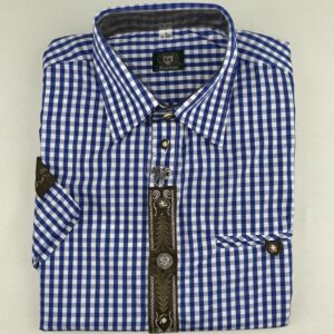 short sleeve blue check shirt with fir tree embroidery