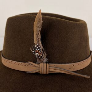 brown hat with leather knot and feather