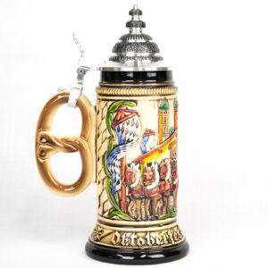 munchen oktoberfest beer stein with pretzel handle 1/2 liter