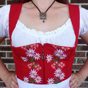 amelia dirndl set with choice of yellow, green, or red shirred striped apron