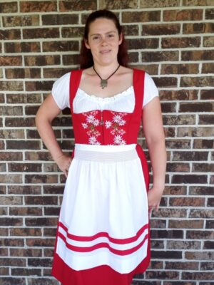 amelia dirndl set with choice of yellow, green, or red shirred striped apron