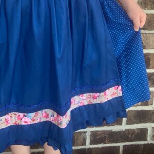 blue and pink multi top dirndl with blouse and apron, sizes 1 & 4