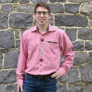 red checked long sleeve shirt with embellishments