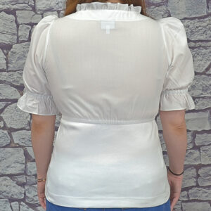 ladies white stretch blouse with ruffled collar sizes 10, 12, 14 & 16 only