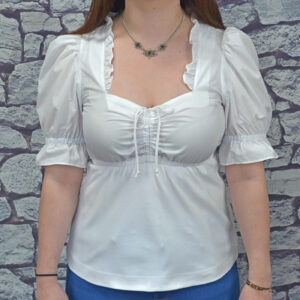 ladies white stretch blouse with ruffled collar sizes 10, 12, 14 & 16 only