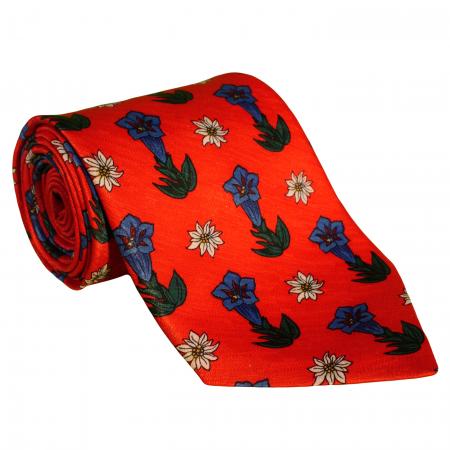 Red necktie with Single Enzian and Edelweiss